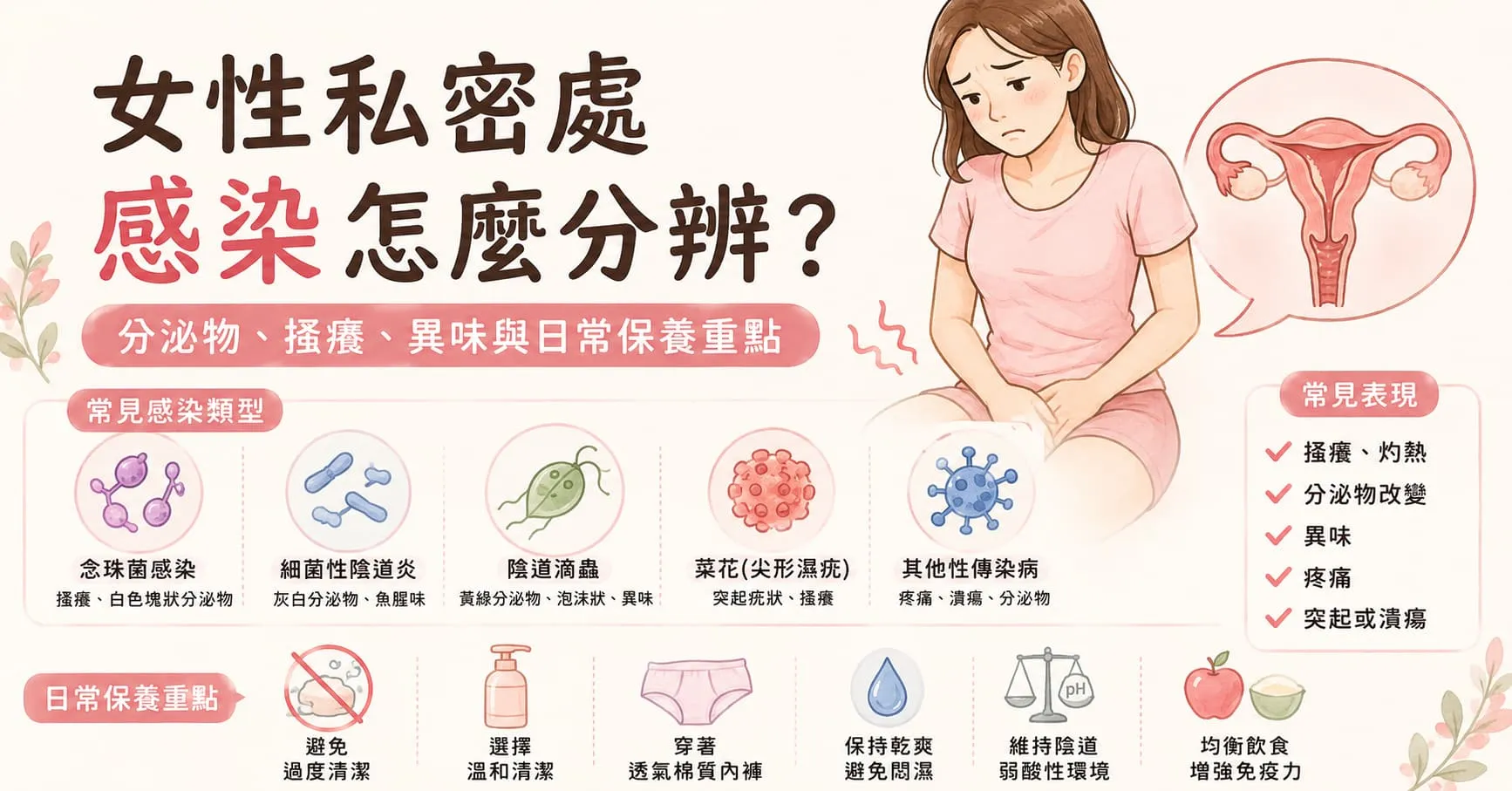 女性私密處感染怎麼分辨？分泌物、搔癢、異味與日常保養重點